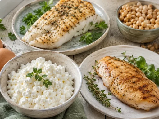 Белковые продукты — творог, яйца, рыба и курица — на столе: основа рациона при плато веса