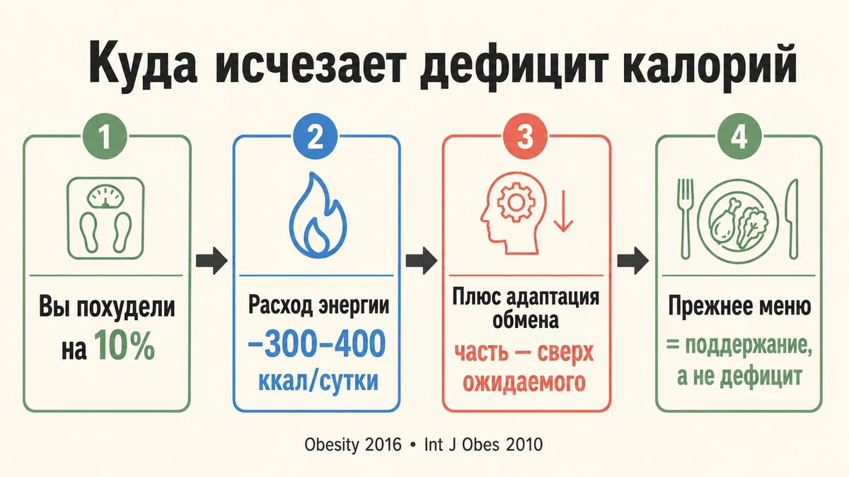 Схема: почему дефицит калорий исчезает — потеря 10% веса снижает расход на 300–400 ккал в сутки