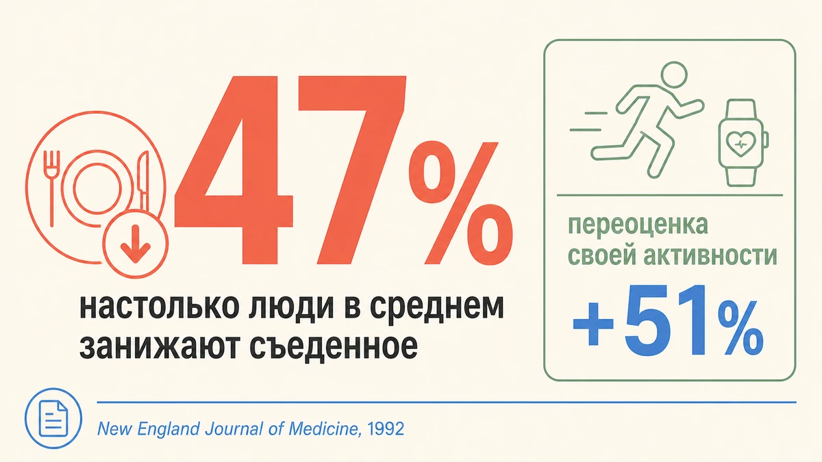 Инфографика: 47 процентов — насколько люди в среднем занижают съеденные калории по данным NEJM 1992