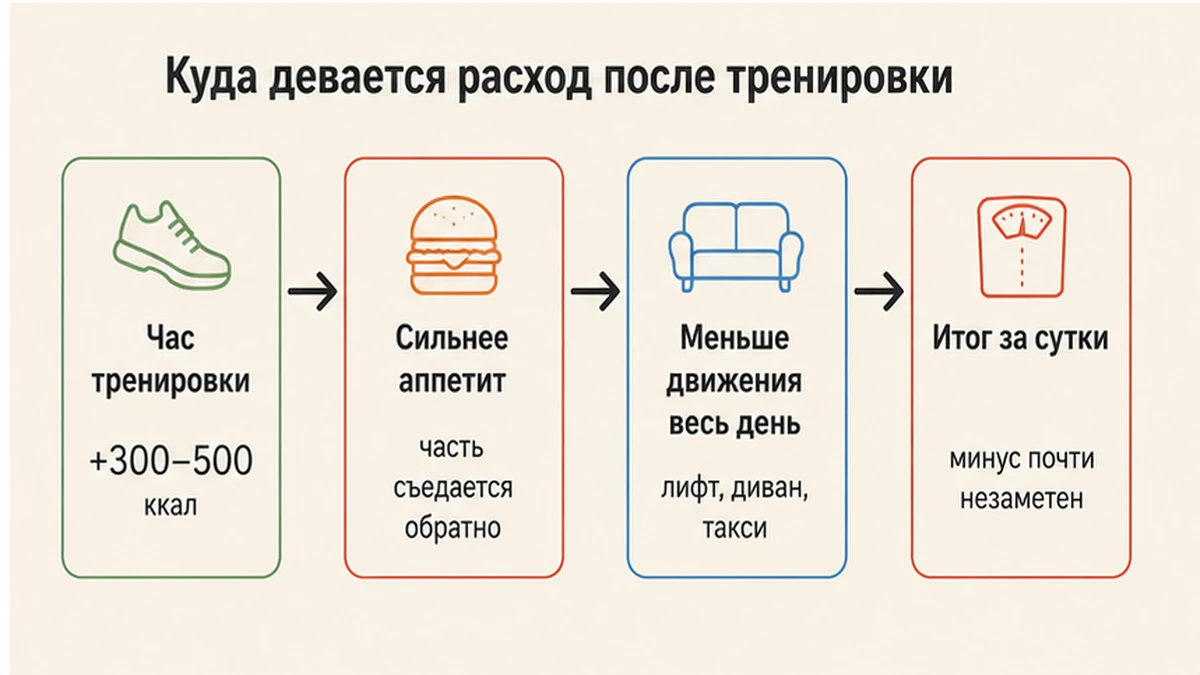 Схема компенсации: тренировка повышает расход, но аппетит и малоподвижный день его гасят