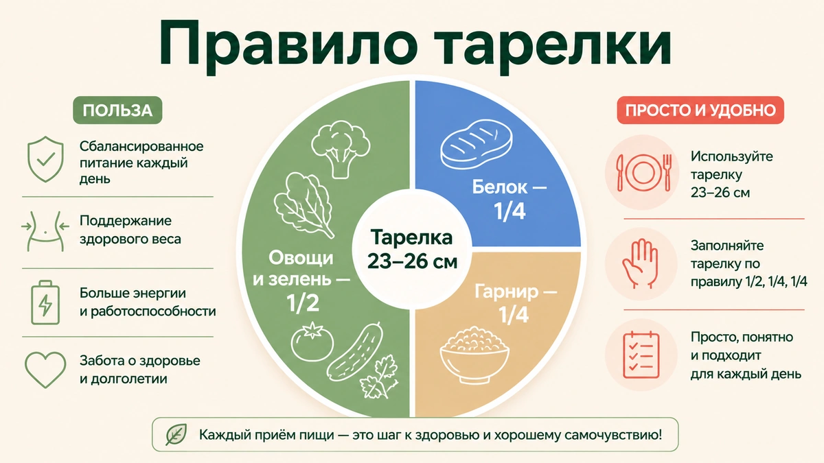 Схема правила тарелки: половина — овощи, четверть — белок, четверть — гарнир