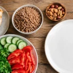 Раскладка продуктов на столе: мясо, крупа и овощи порциями рядом с тарелкой