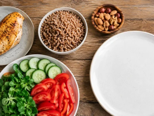 Раскладка продуктов на столе: мясо, крупа и овощи порциями рядом с тарелкой