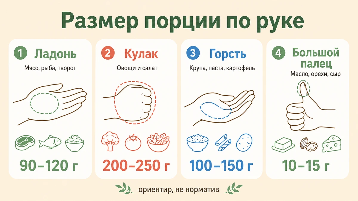 Меры руки для определения размера порции: ладонь, кулак, горсть и большой палец