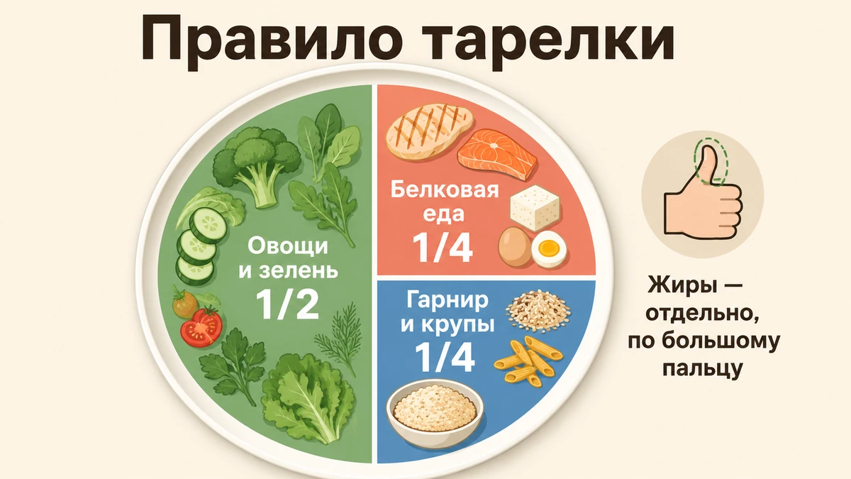 Правило тарелки: половина овощей, четверть белка и четверть гарнира с указанием долей