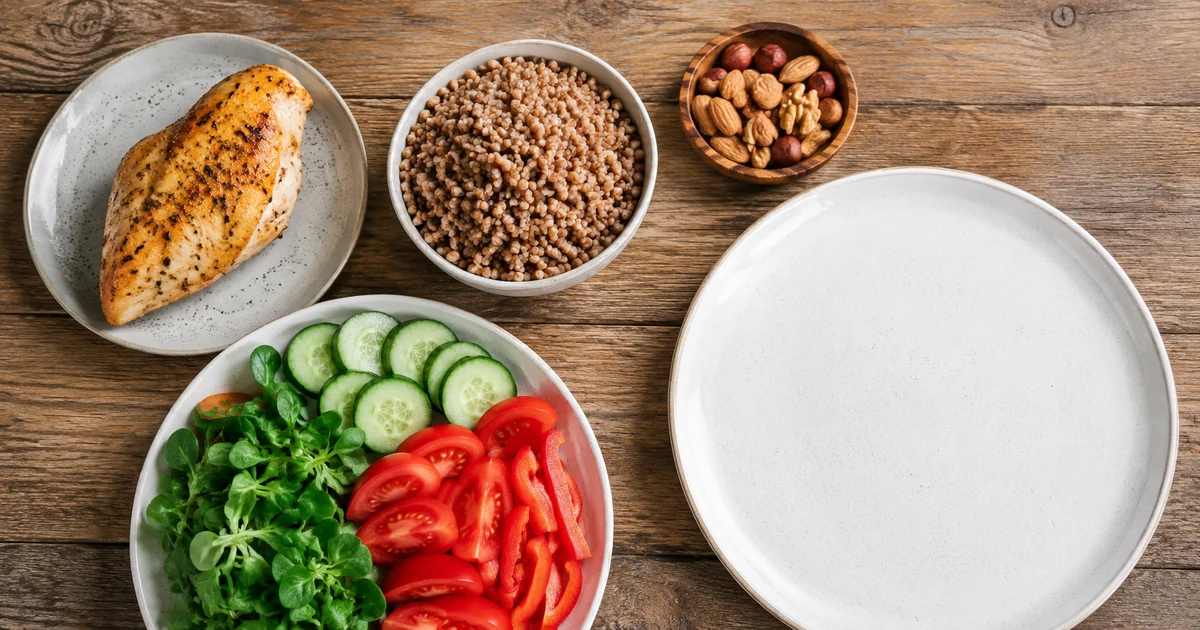 Раскладка продуктов на столе: мясо, крупа и овощи порциями рядом с тарелкой