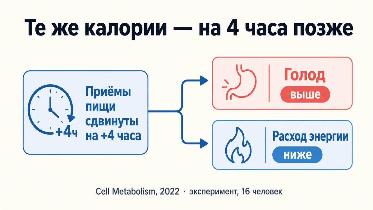 Инфографика: сдвиг еды на 4 часа позже усиливает голод и снижает расход энергии
