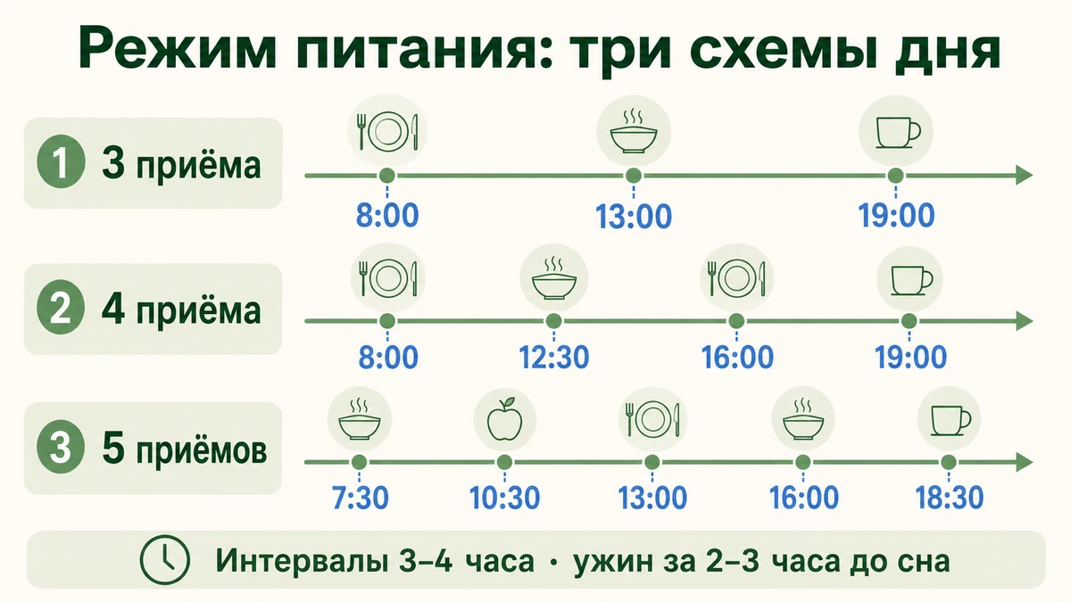 Инфографика: три схемы режима питания по часам — 3, 4 и 5 приёмов пищи в день