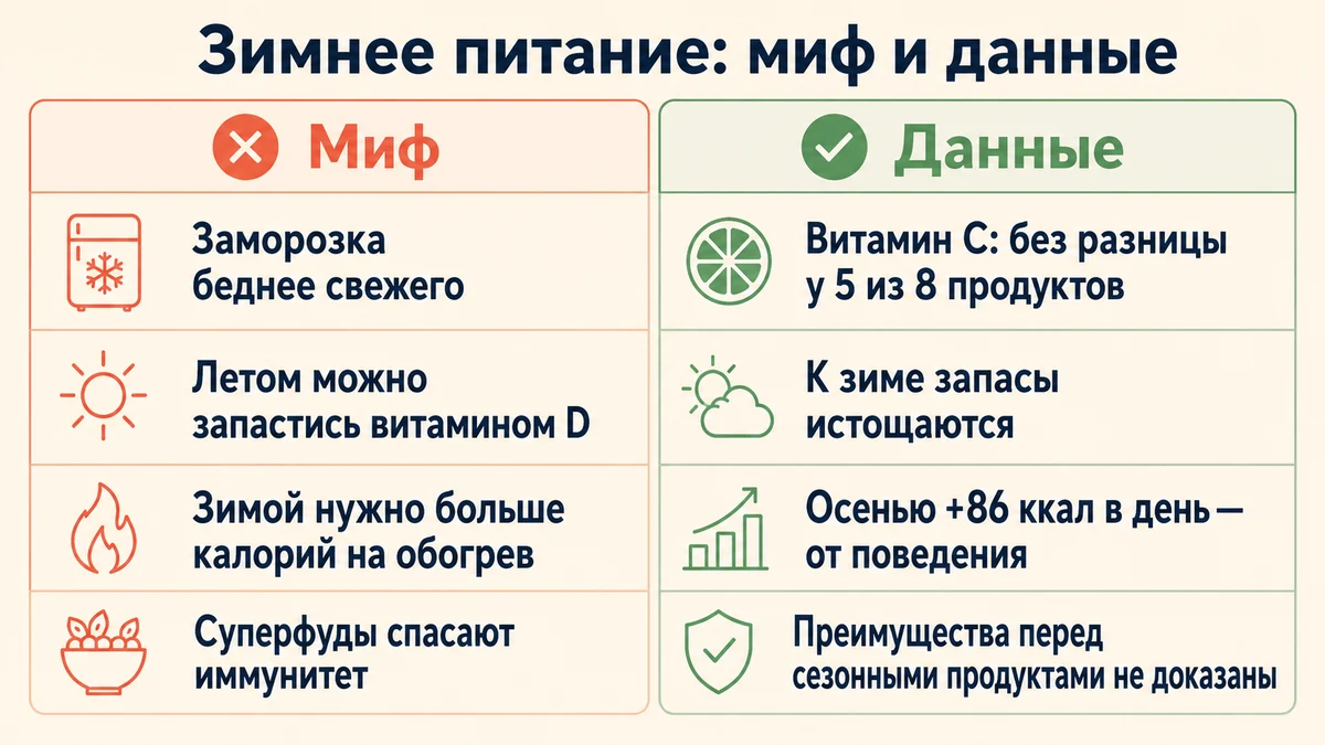 Мифы и факты о зимнем питании: заморозка, витамины впрок и иммунитет в сравнении с данными исследований