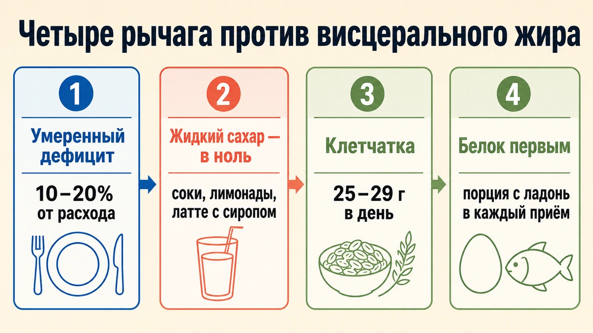 Четыре шага питания против висцерального жира: дефицит, напитки, клетчатка, белок