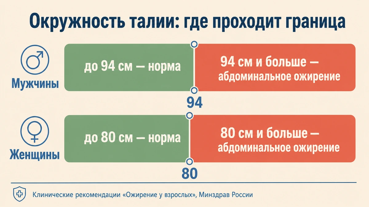 Шкала окружности талии: норма до 94 см у мужчин и до 80 см у женщин
