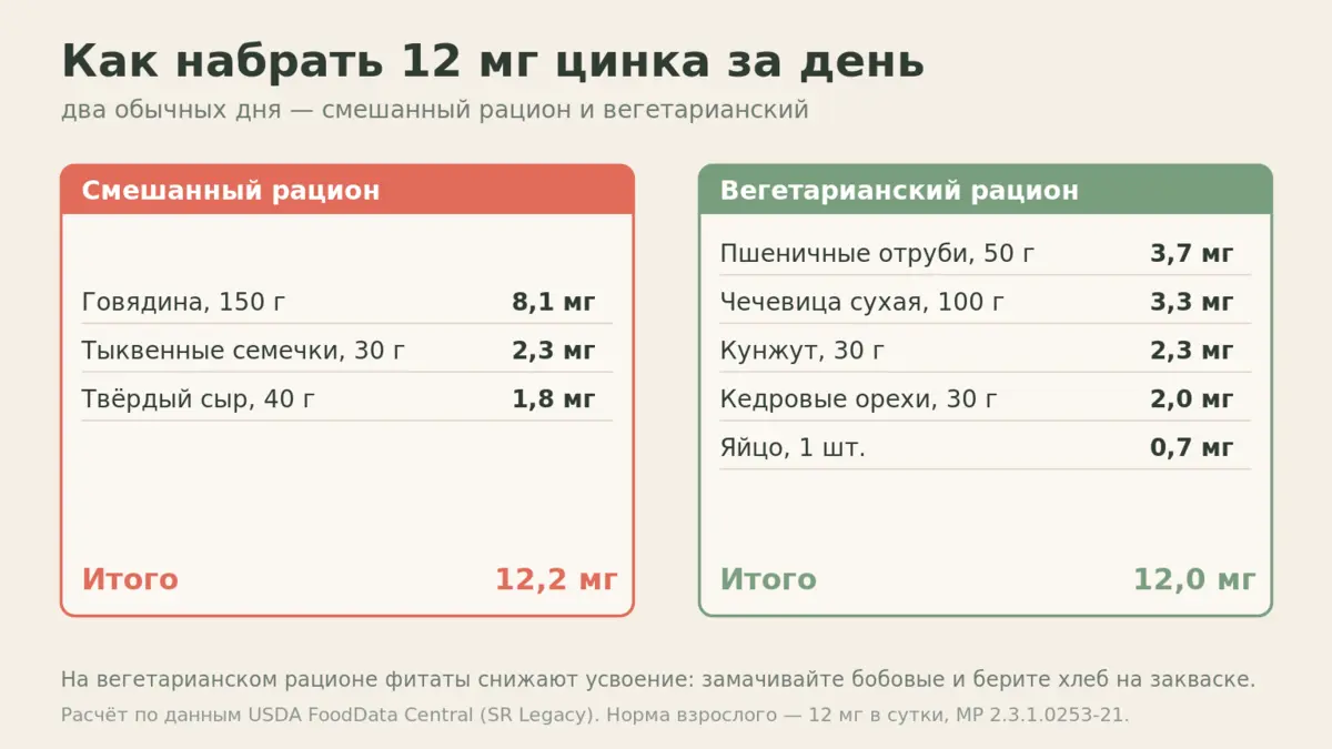 Наглядные порции: как набрать суточную норму цинка 12 мг из обычных продуктов