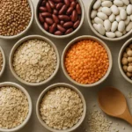 Крупы, бобовые и семена в мисках — продукты, богатые цинком