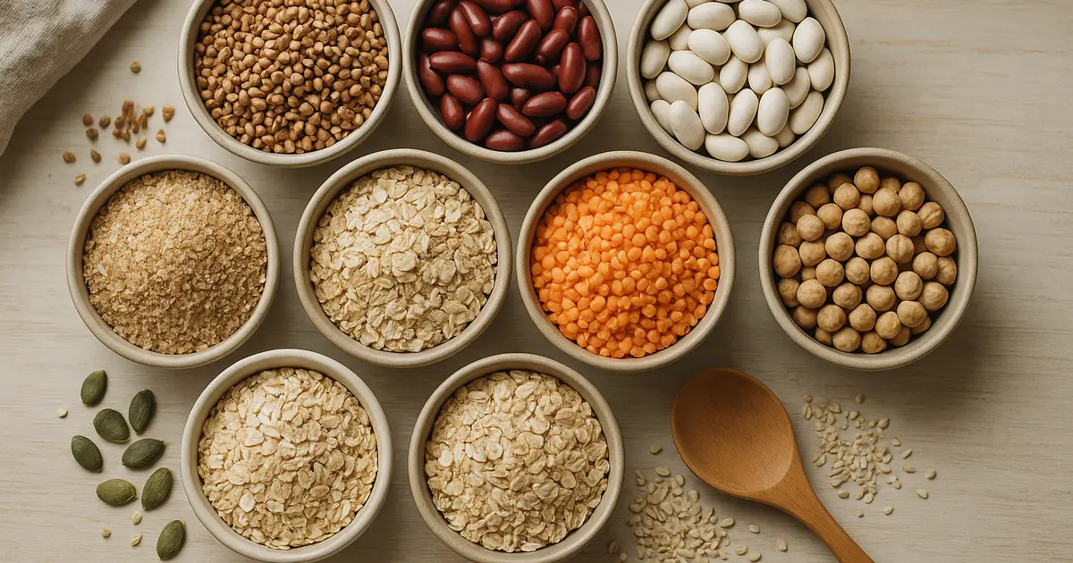 Крупы, бобовые и семена в мисках — продукты, богатые цинком