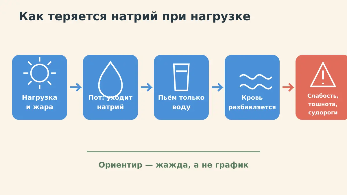 Схема: потеря натрия с потом, питьё чистой воды и разведение крови при нагрузке