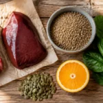 Продукты с высоким содержанием железа: говядина, печень, чечевица, шпинат, тыквенные семечки и апельсин на столе