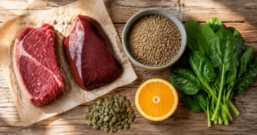 Продукты с высоким содержанием железа: говядина, печень, чечевица, шпинат, тыквенные семечки и апельсин на столе
