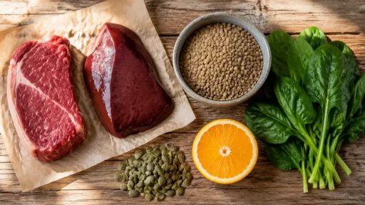 Продукты с высоким содержанием железа: говядина, печень, чечевица, шпинат, тыквенные семечки и апельсин на столе