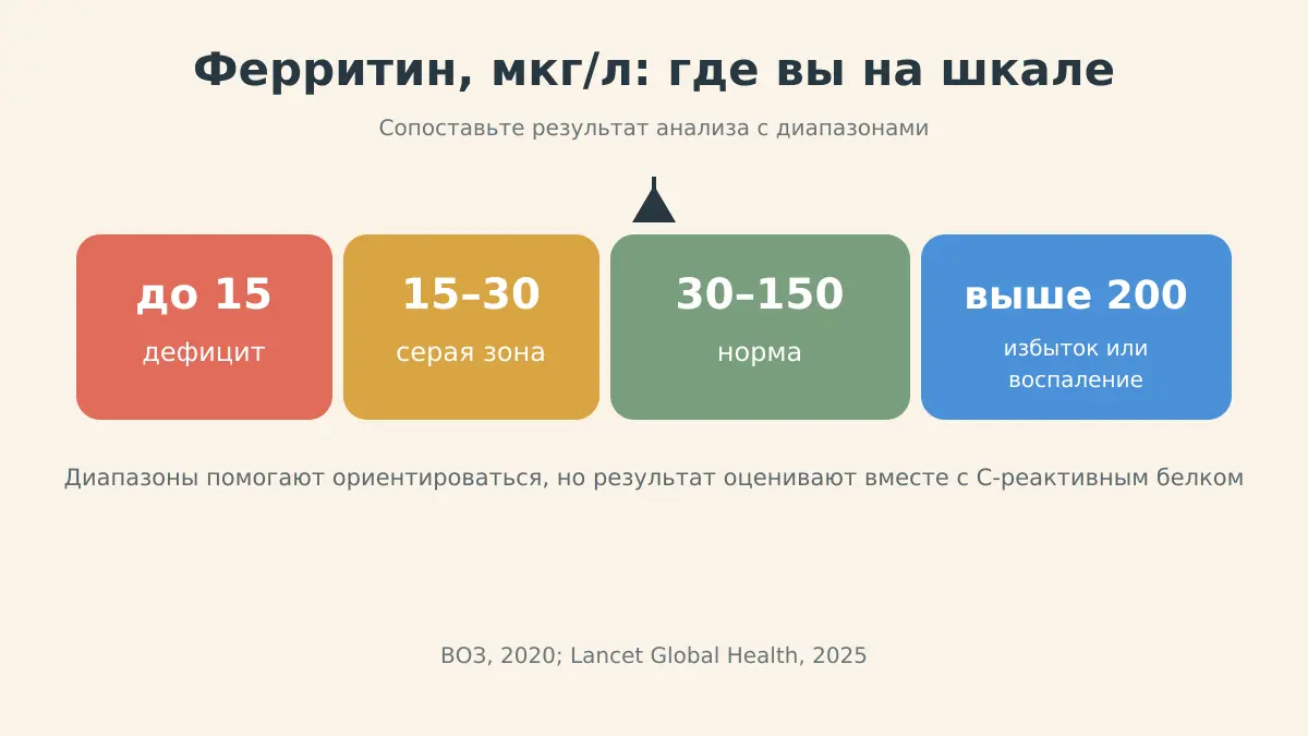 Шкала уровней ферритина в микрограммах на литр: дефицит до 15, серая зона 15–30, норма 30–150, избыток выше 200