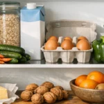 Полка с продуктами низкого FODMAP: крупы, безлактозное молоко, яйца, морковь, огурцы, цитрусы