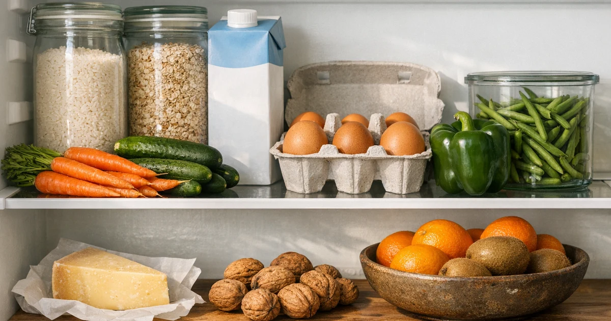 Полка с продуктами низкого FODMAP: крупы, безлактозное молоко, яйца, морковь, огурцы, цитрусы