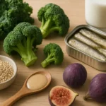 Продукты, богатые кальцием: кале, брокколи, кунжут, тахини, сардины и молоко на столе