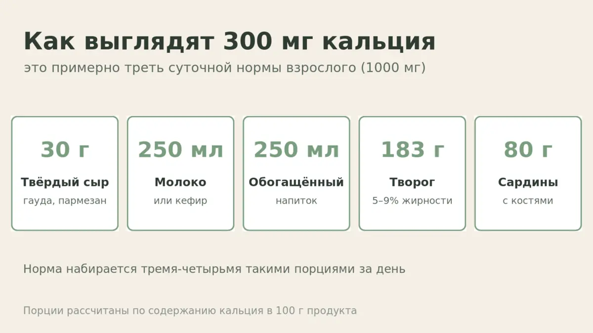 Наглядные порции: как выглядят 300 мг кальция в сыре, молоке, твороге и сардинах