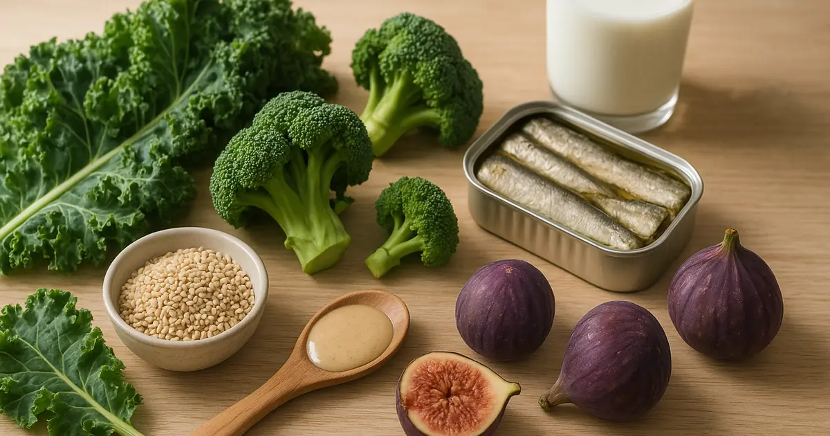Продукты, богатые кальцием: кале, брокколи, кунжут, тахини, сардины и молоко на столе