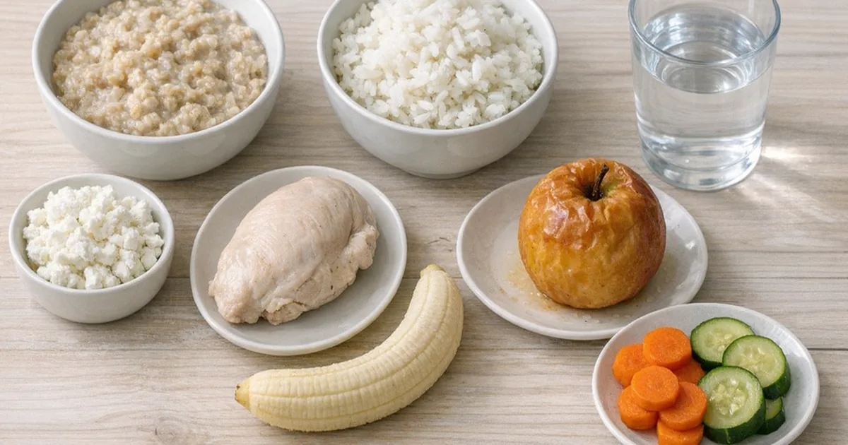 Раскладка щадящих продуктов при гастрите: овсянка, рис, творог, отварная курица, банан