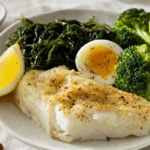 Тарелка с треской, морской капустой, яйцом и брокколи - питание при гипотиреозе