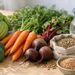 Овощи, чечевица, отруби и кувшин воды на столе - продукты при запорах