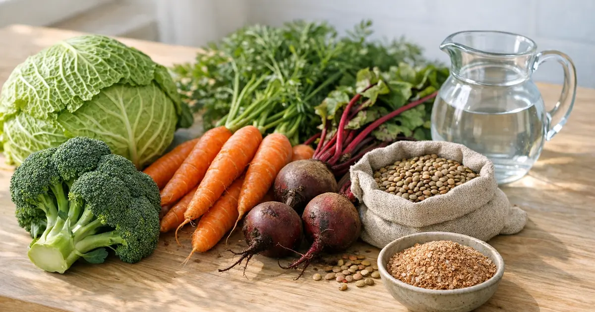 Овощи, чечевица, отруби и кувшин воды на столе - продукты при запорах