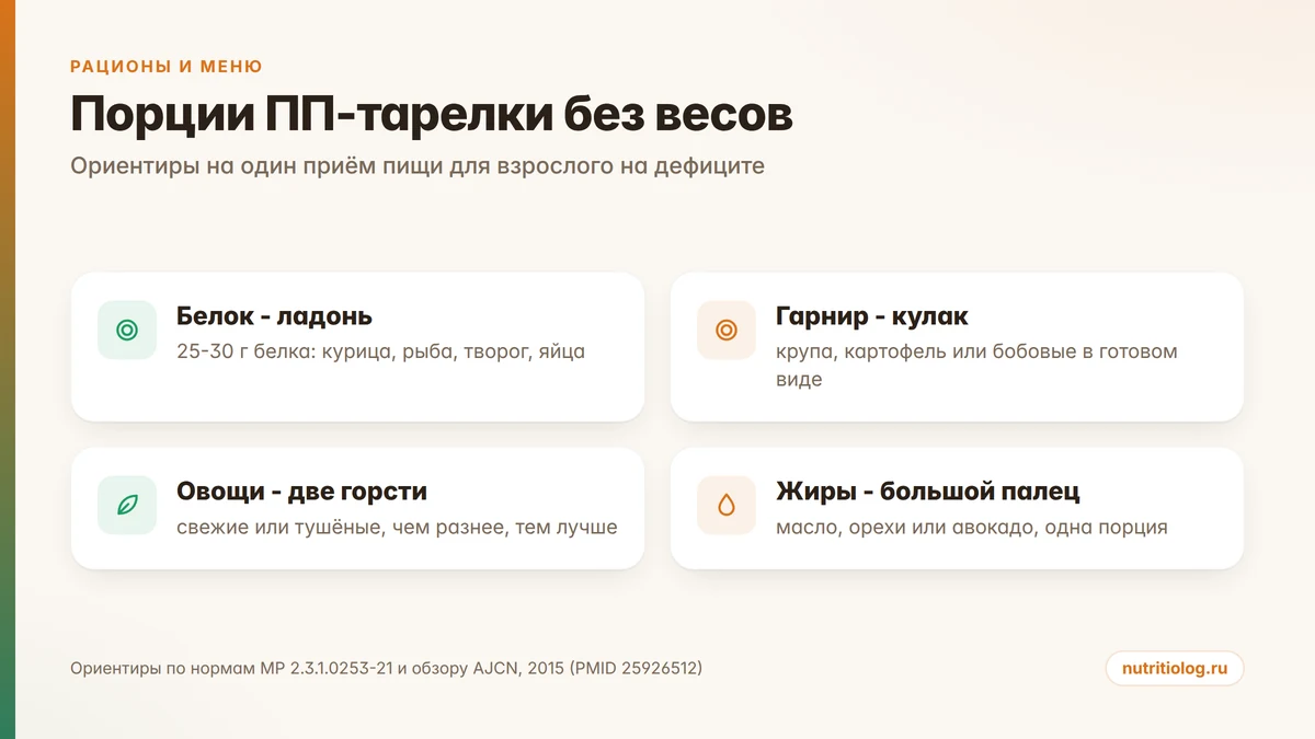 Порции ПП-тарелки без весов: белок с ладонь, гарнир с кулак, овощи две горсти, жиры с палец