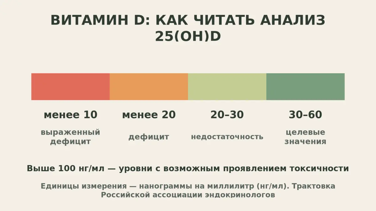 Шкала уровней 25(ОН)D: дефицит, недостаточность и целевые значения в нг/мл