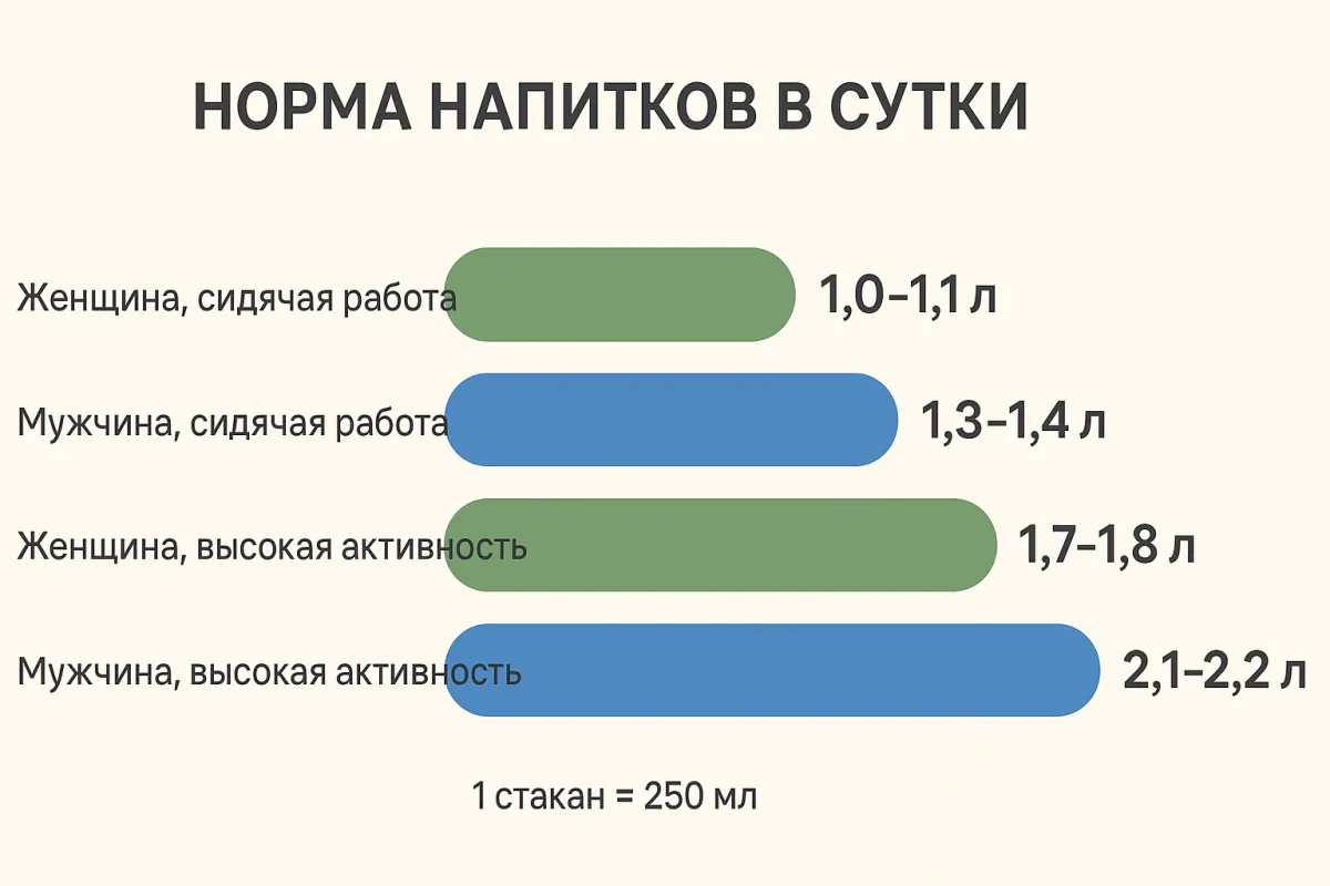 Норма напитков в стаканах по 250 мл для женщины и мужчины при сидячей работе и при высокой активности