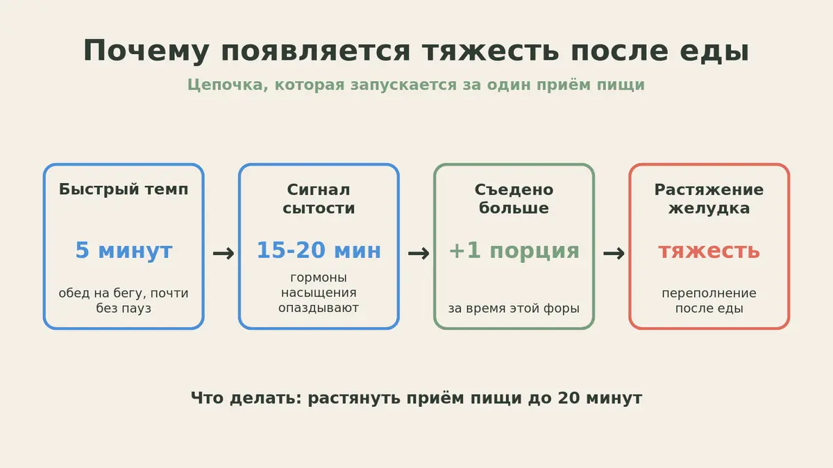 Схема: быстрый темп еды, запоздалый сигнал сытости и тяжесть после еды