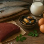 Продукты — источники витамина B12: печень, скумбрия, сельдь, мидии, яйца, творог и сыр