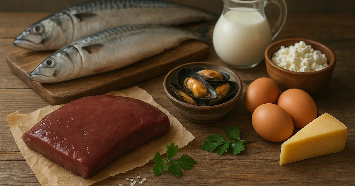 Продукты — источники витамина B12: печень, скумбрия, сельдь, мидии, яйца, творог и сыр