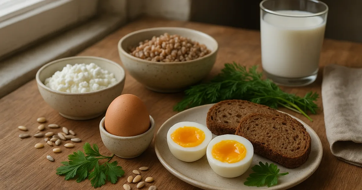Витамины группы B в продуктах: яйца, творог, гречка, цельнозерновой хлеб и зелень на столе