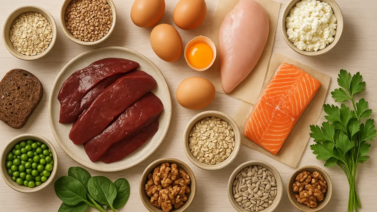 Продукты — источники витаминов группы B: печень, яйца, рыба, крупы, бобовые, орехи и зелень