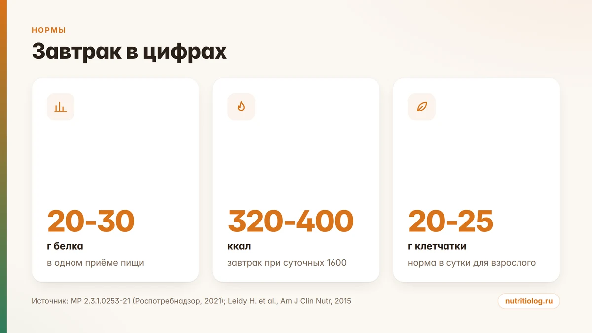 Завтрак в цифрах: 20-30 г белка, 320-400 ккал, 20-25 г клетчатки в сутки