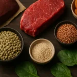Продукты, богатые железом: печень, говядина, чечевица, гречка, шпинат и курага на столе
