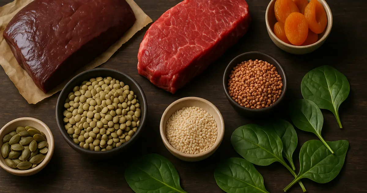 Продукты, богатые железом: печень, говядина, чечевица, гречка, шпинат и курага на столе