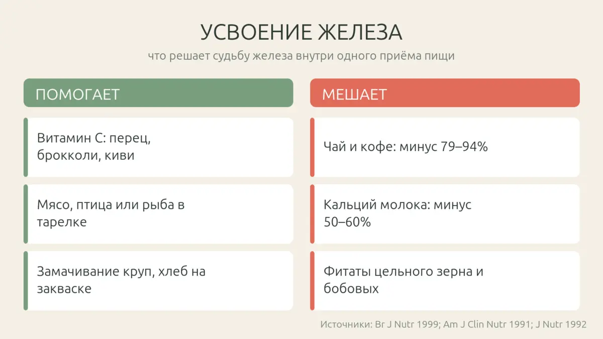 Что помогает и что мешает усвоению железа: витамин C, мясо против чая, кофе, кальция и фитатов