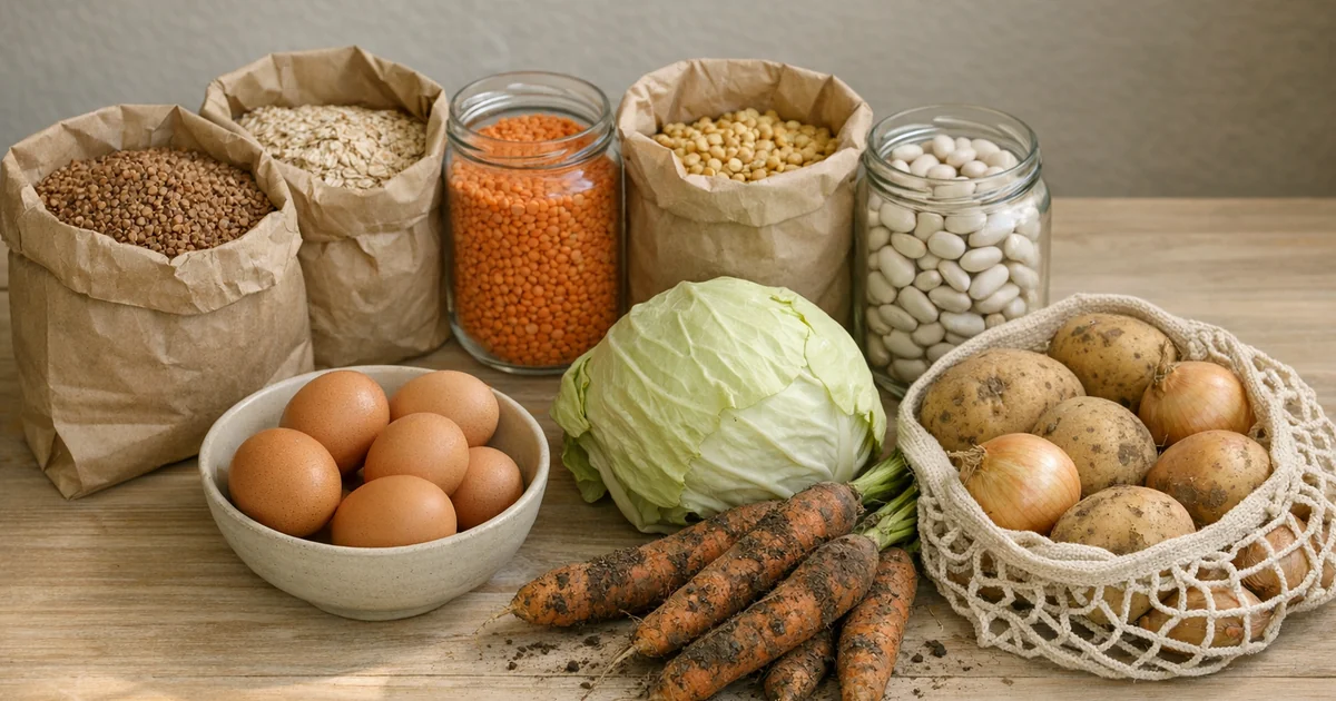 Бюджетные продукты для правильного питания: крупы, бобовые, яйца и овощи на столе