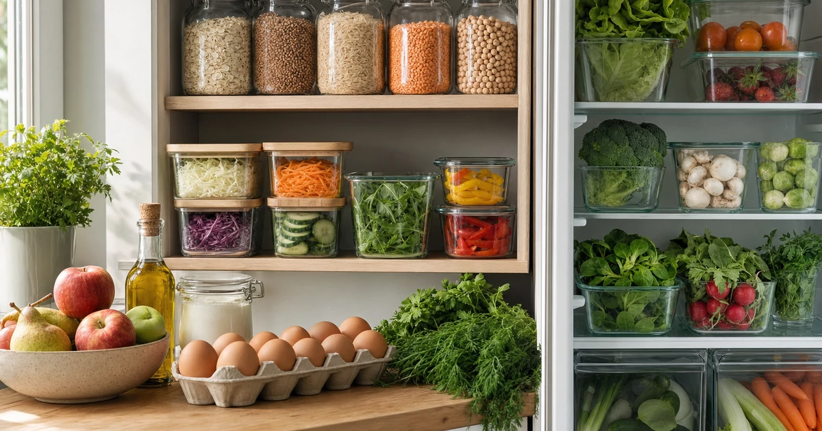 Недельный набор продуктов для детокс-меню на полке и в холодильнике