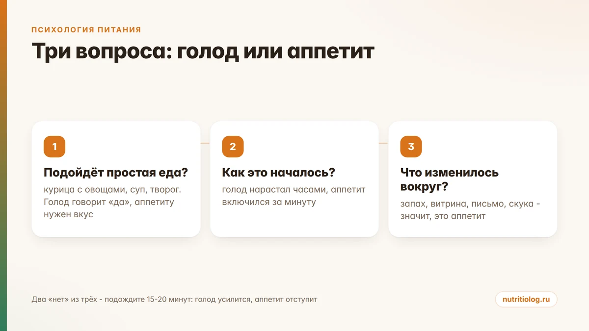 Три вопроса для самопроверки: отличить голод от аппетита