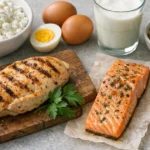 Белковые продукты: творог, яйца, курица, лосось, чечевица и кефир на столе