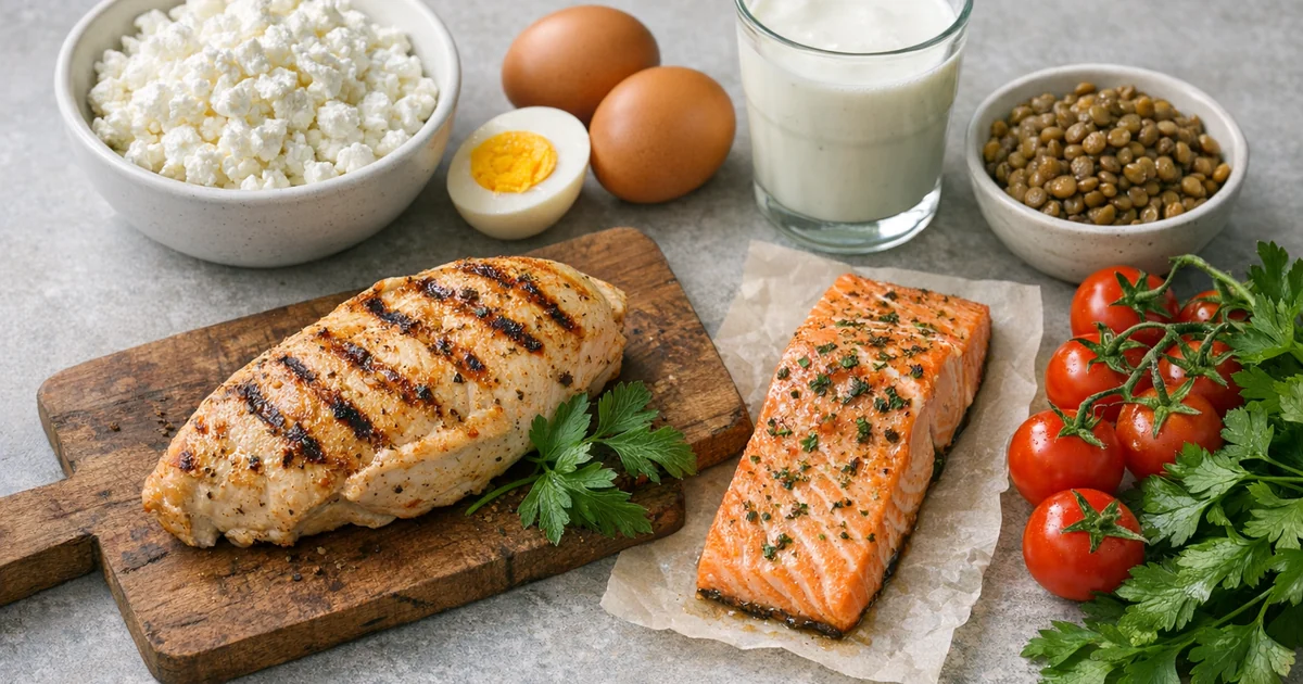 Белковые продукты: творог, яйца, курица, лосось, чечевица и кефир на столе