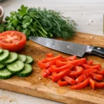 Разделочная доска с нарезанными овощами и зеленью на кухонном столе